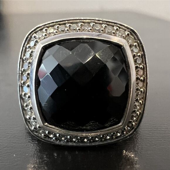 David Yurman Albion 11mm Black Onyx & Diamond 0.22 ct Halo Silver Ring Size 5.75 - Picture 1 of 5